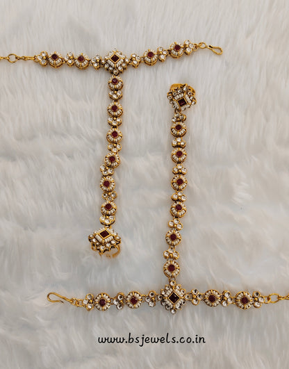 Maroon Hand Bracelets Gold Bridal Pair Finger Ring Panja Jewellery