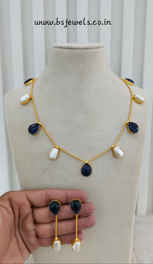 Blue Mother Of Pearl Stone Necklace Jewellery Sagge Set