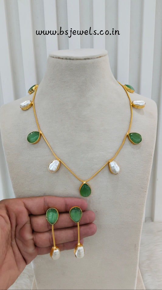 Sage Green Mother Of Pearl Stone Necklace Jewellery Sagge Set