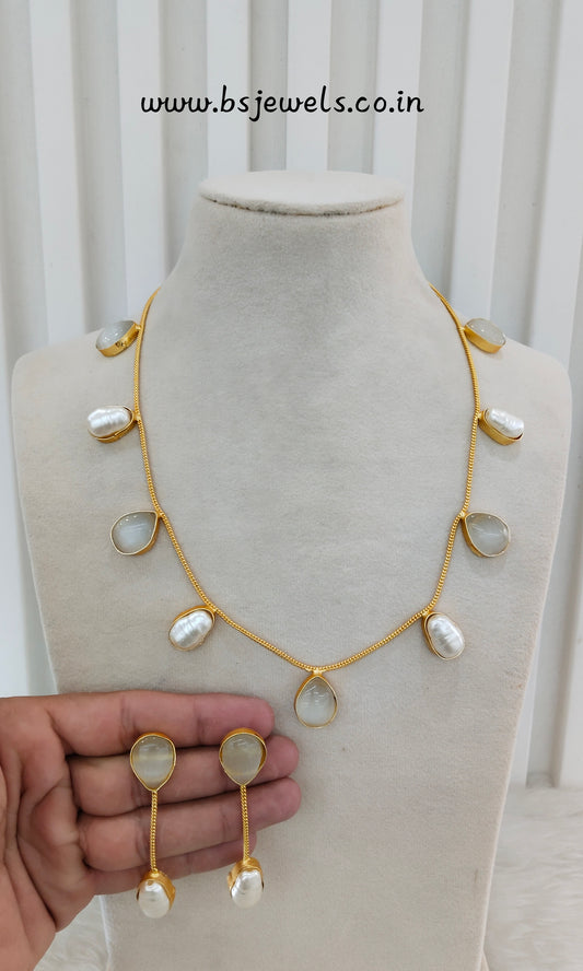White Green Mother Of Pearl Stone Necklace Jewellery Sagge Set