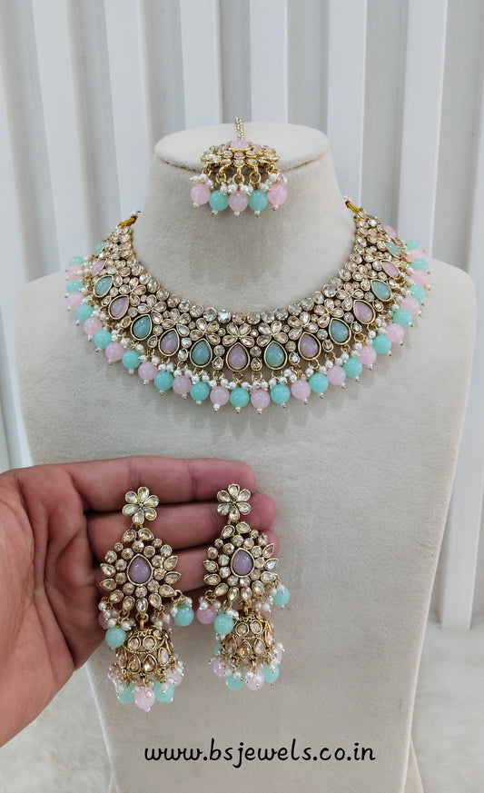 Mint Pink Kundan Necklace Jewellery Krishn Set