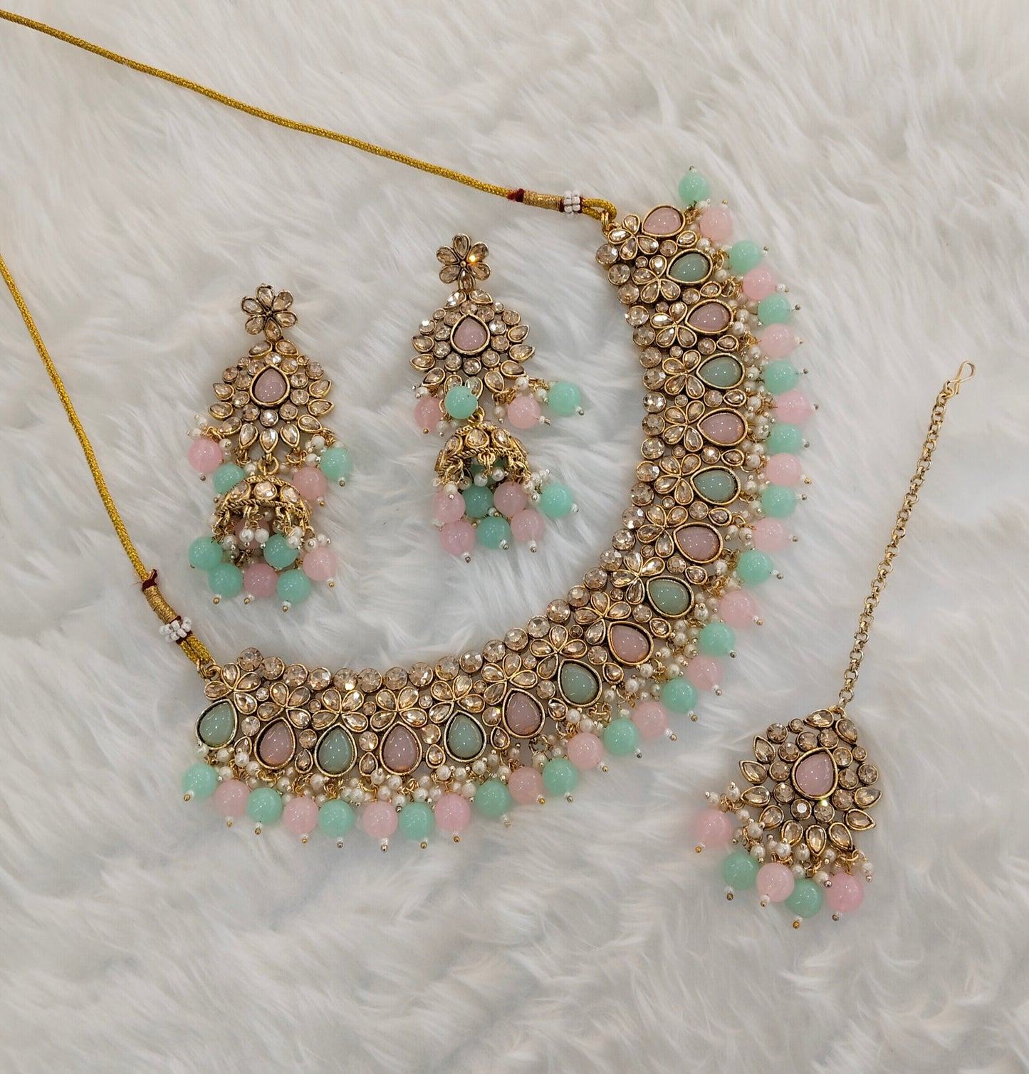 Mint Pink Kundan Necklace Jewellery Krishn Set