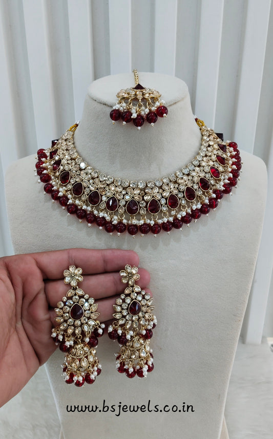 Maroon Kundan Necklace Jewellery Krishn Set
