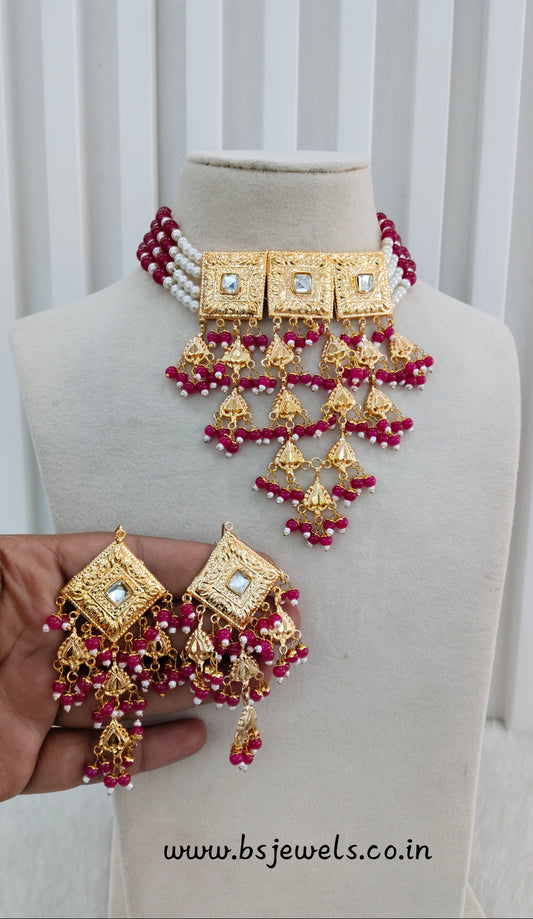 Dark Pink Gold Jadau Punjabi Style Choker Jewellery Worldwide Set