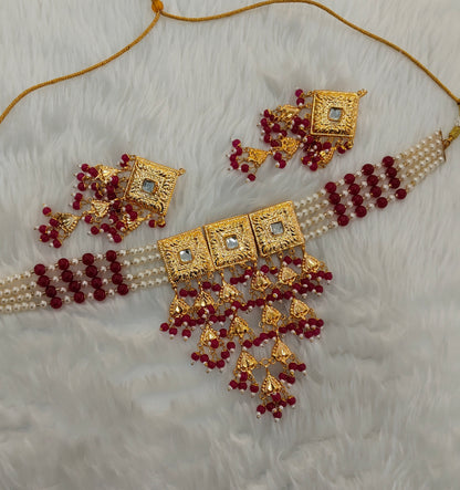 Dark Pink Gold Jadau Punjabi Style Choker Jewellery Worldwide Set