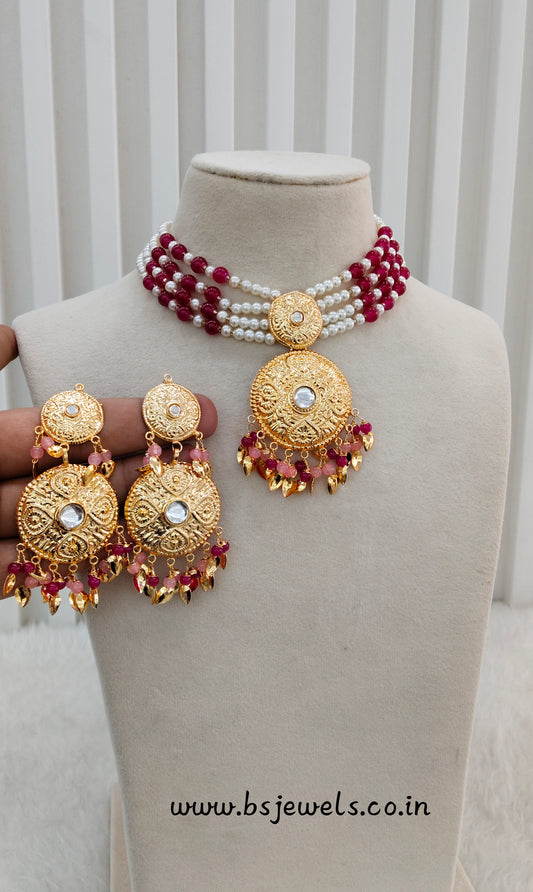 Ruby Pink Gold Jadau Punjabi Style Choker Jewellery Worldwide Set