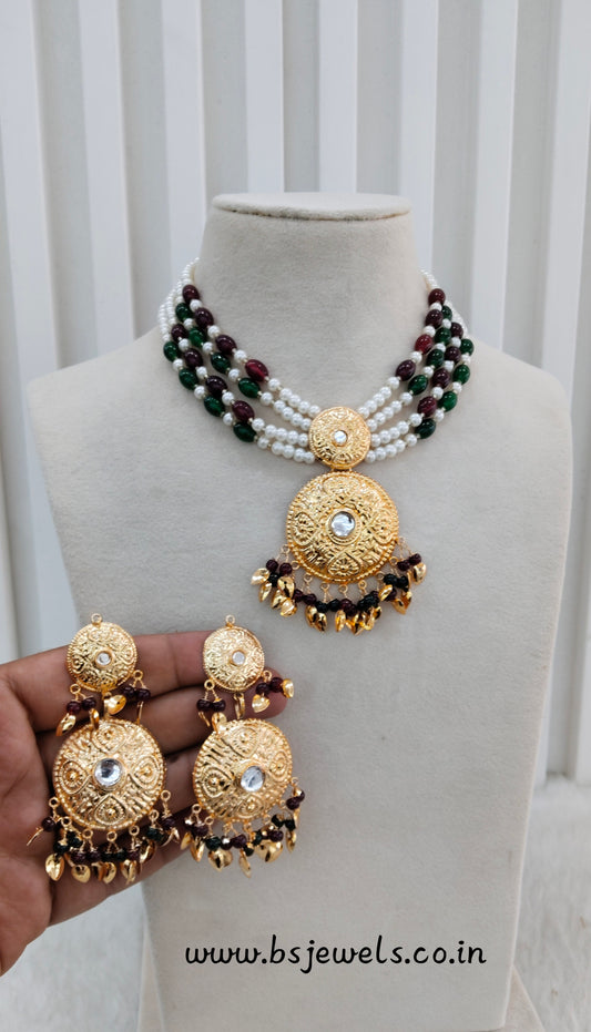 Maroon Green Gold Jadau Punjabi Style Choker Jewellery Worldwide Set