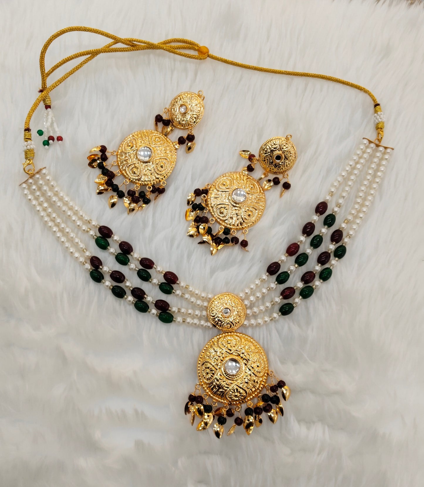 Maroon Green Gold Jadau Punjabi Style Choker Jewellery Worldwide Set