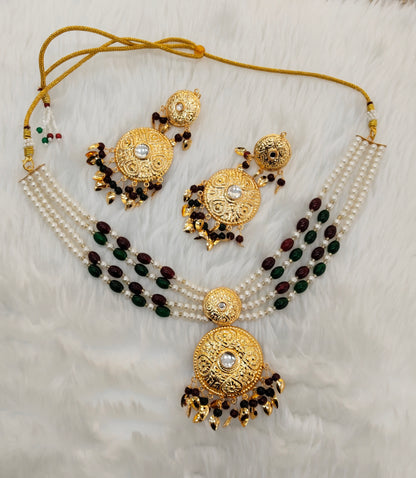 Maroon Green Gold Jadau Punjabi Style Choker Jewellery Worldwide Set