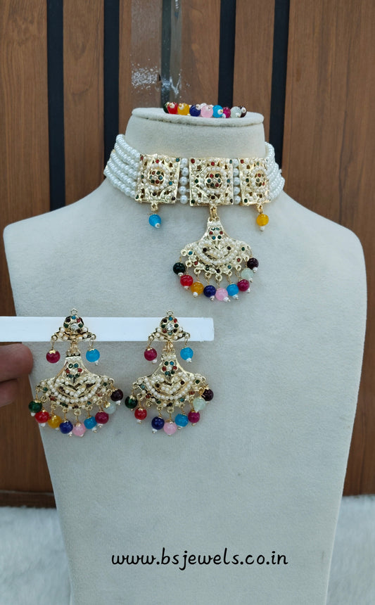 Multi Color Gold Jadau Punjabi Style Choker Jewellery Worldwide Set
