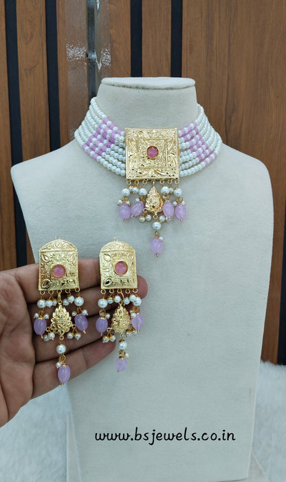 Lavender Gold Jadau Punjabi Style Choker Jewellery Sultan Set