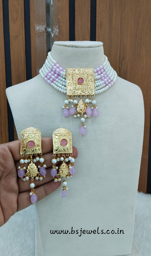 Lavender Gold Jadau Punjabi Style Choker Jewellery Sultan Set