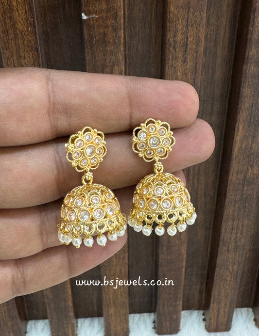 White Gold Polki Jhumki Bollywood Dhutta Earrings