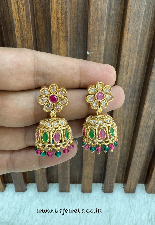 Ruby Green Gold Polki Jhumki Bollywood Dhutta Earrings