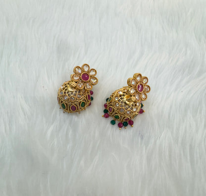 Ruby Green Gold Polki Jhumki Bollywood Dhutta Earrings