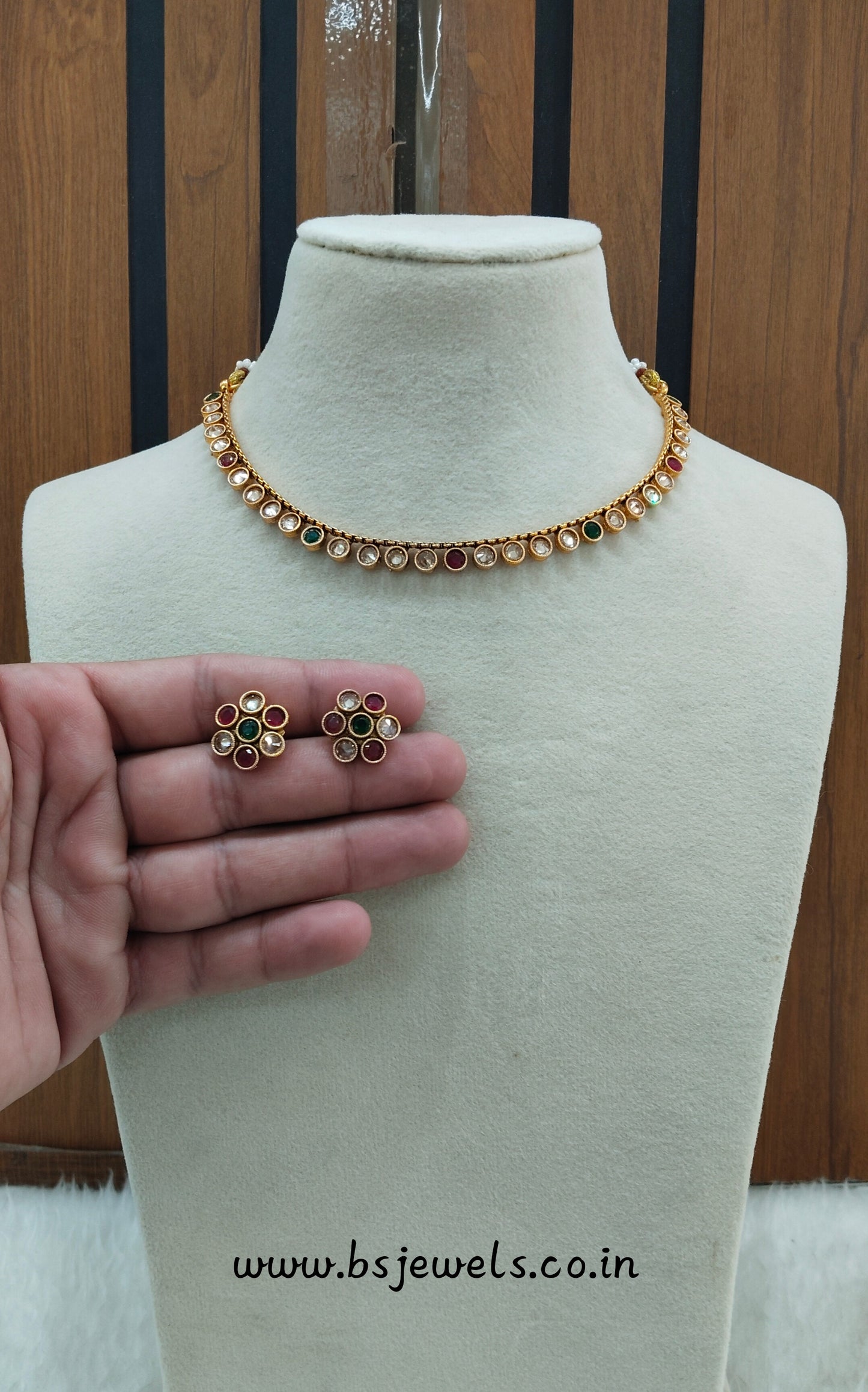 Ruby Green Gold Polki Necklace Jewellery Pawan Set