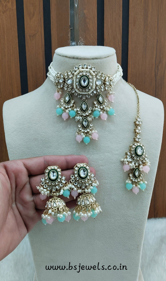 Sea Green Pink Kundan Choker Jewellery Doms Set