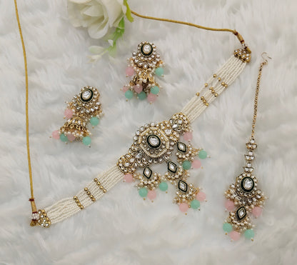 Sea Green Pink Kundan Choker Jewellery Doms Set