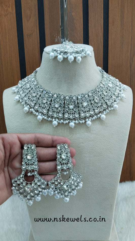 Silver White Necklace Jewellery Maplee Set