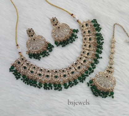 Antique Gold Green Necklace Jewellery Isha Bollywood Set