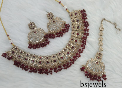 Antique Gold Maroon Necklace Jewellery Isha Bollywood Set