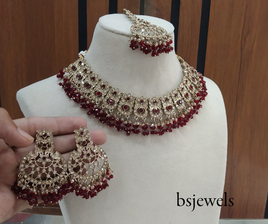 Antique Gold Maroon Necklace Jewellery Isha Bollywood Set