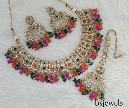 Antique Gold Multi Colour Necklace Jewellery Isha Bollywood Set