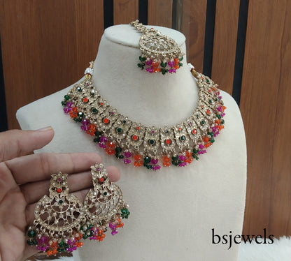 Antique Gold Multi Colour Necklace Jewellery Isha Bollywood Set
