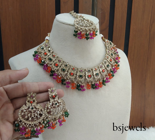 Antique Gold Multi Colour Necklace Jewellery Isha Bollywood Set