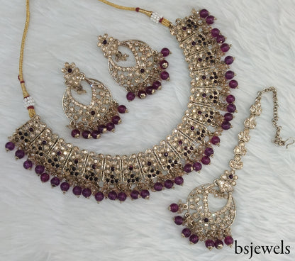 Antique Gold Purple Necklace Jewellery Isha Bollywood Set