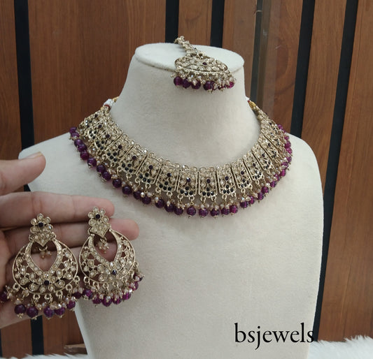Antique Gold Purple Necklace Jewellery Isha Bollywood Set