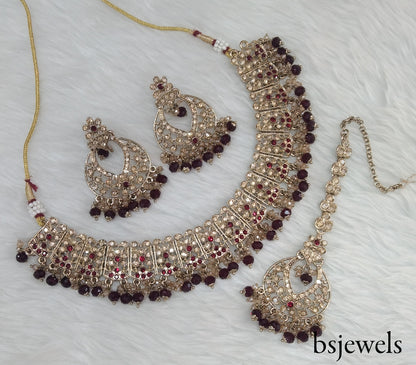 Antique Gold Maroon Necklace Jewellery Isha Bollywood Set