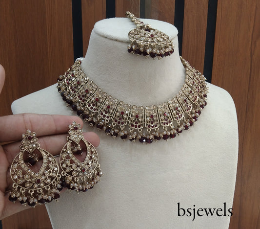 Antique Gold Maroon Necklace Jewellery Isha Bollywood Set