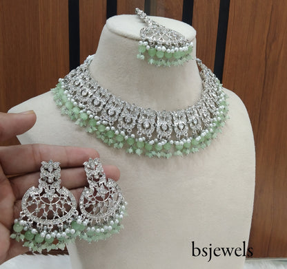 Silver Pastel Green Necklace Jewellery Isha Bollywood Set
