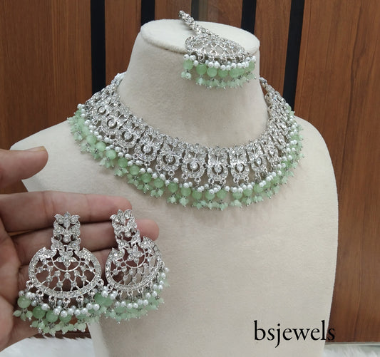 Silver Pastel Green Necklace Jewellery Isha Bollywood Set