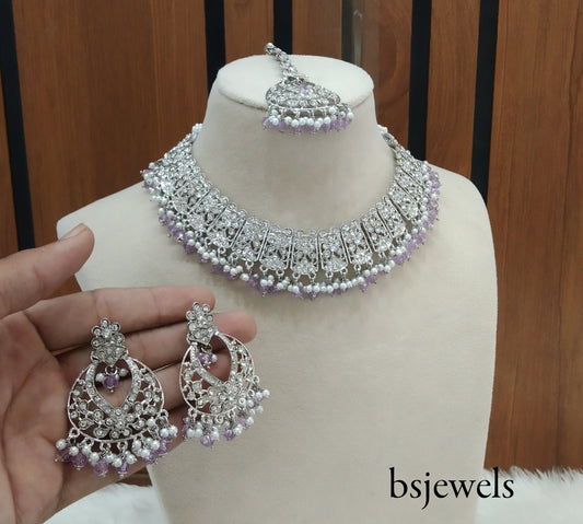 Silver Lavender  Necklace Jewellery Isha Bollywood Set