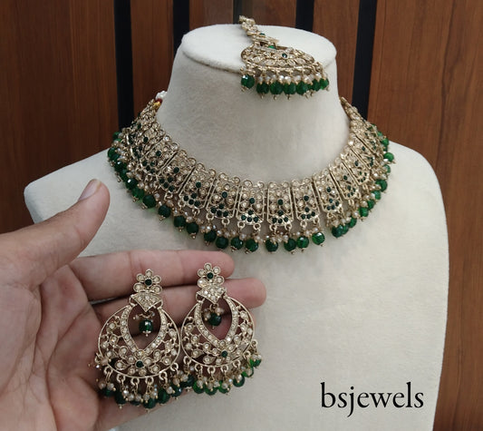 Antique Gold Green Necklace Jewellery Isha Bollywood Set