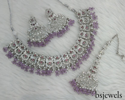 Silver Lavender Necklace Jewellery Isha Bollywood Set