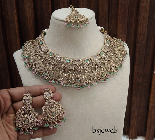 Antique Gold Mint Pink Necklace Jewellery Binder Bollywood Set