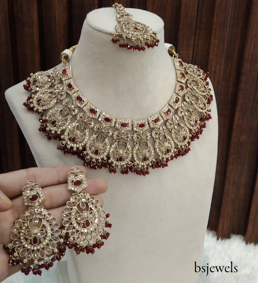 Antique Gold Maroon Necklace Jewellery Binder Bollywood Set