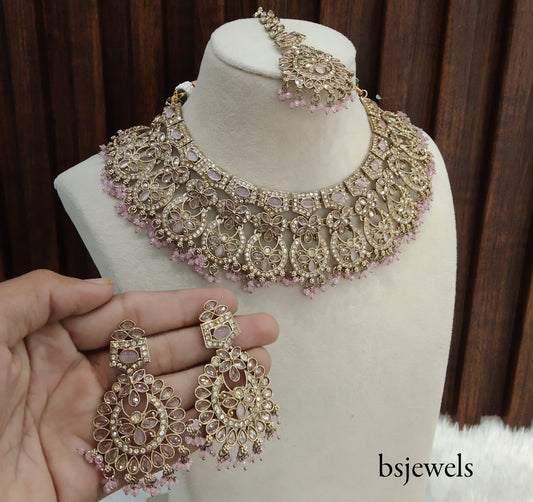 Antique Gold Pink Necklace Jewellery Binder Bollywood Set