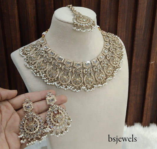 Antique Gold white Necklace Jewellery Binder Bollywood Set