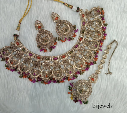 Antique Gold Multi Colour Necklace Jewellery Binder Bollywood Set