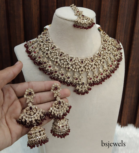 Antique Gold Maroon Necklace Jewellery Binder Bollywood Set