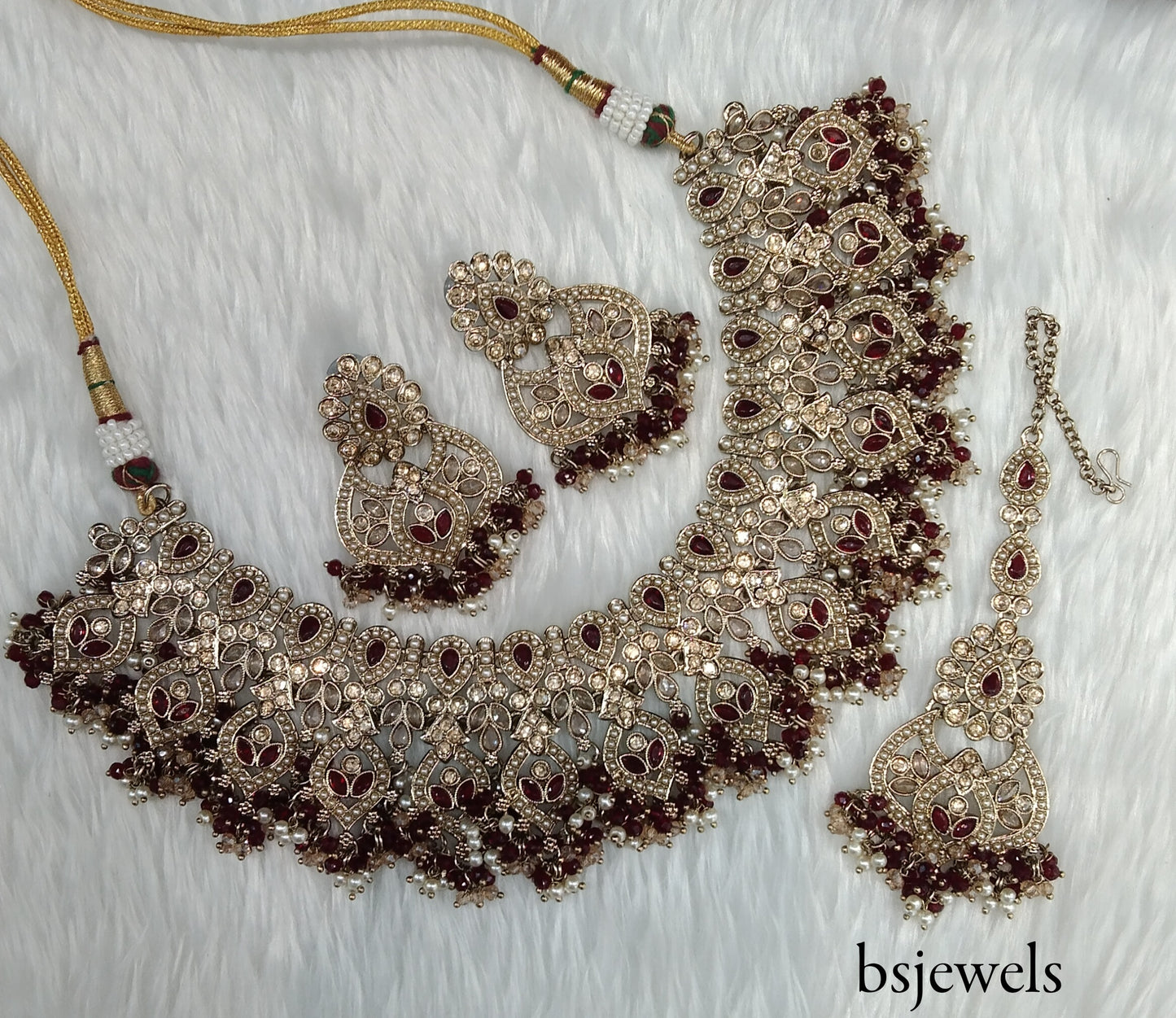 Antique Gold Maroon Necklace Jewellery Binder Bollywood Set