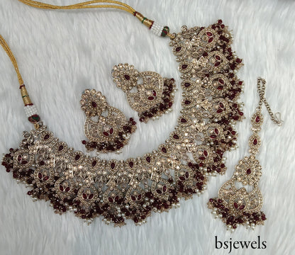 Antique Gold Maroon Necklace Jewellery Binder Bollywood Set