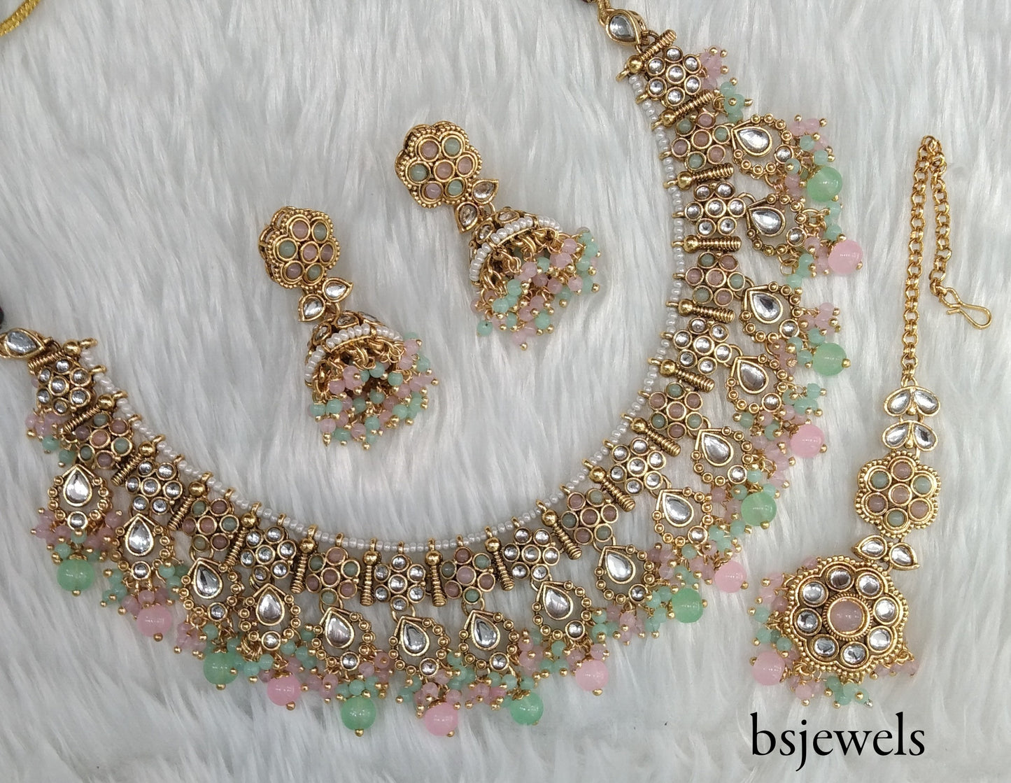 Mint Pink Kundan Necklace Jewellery Amrit Set
