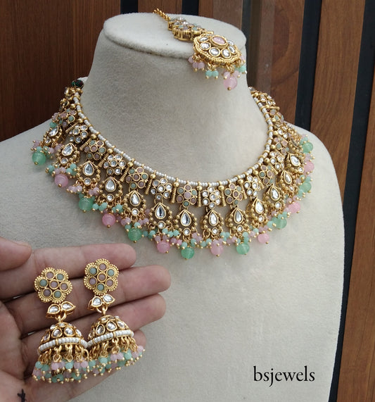 Mint Pink Kundan Necklace Jewellery Amrit Set