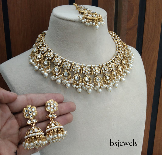 Gold white Kundan Necklace Jewellery Amrit Set