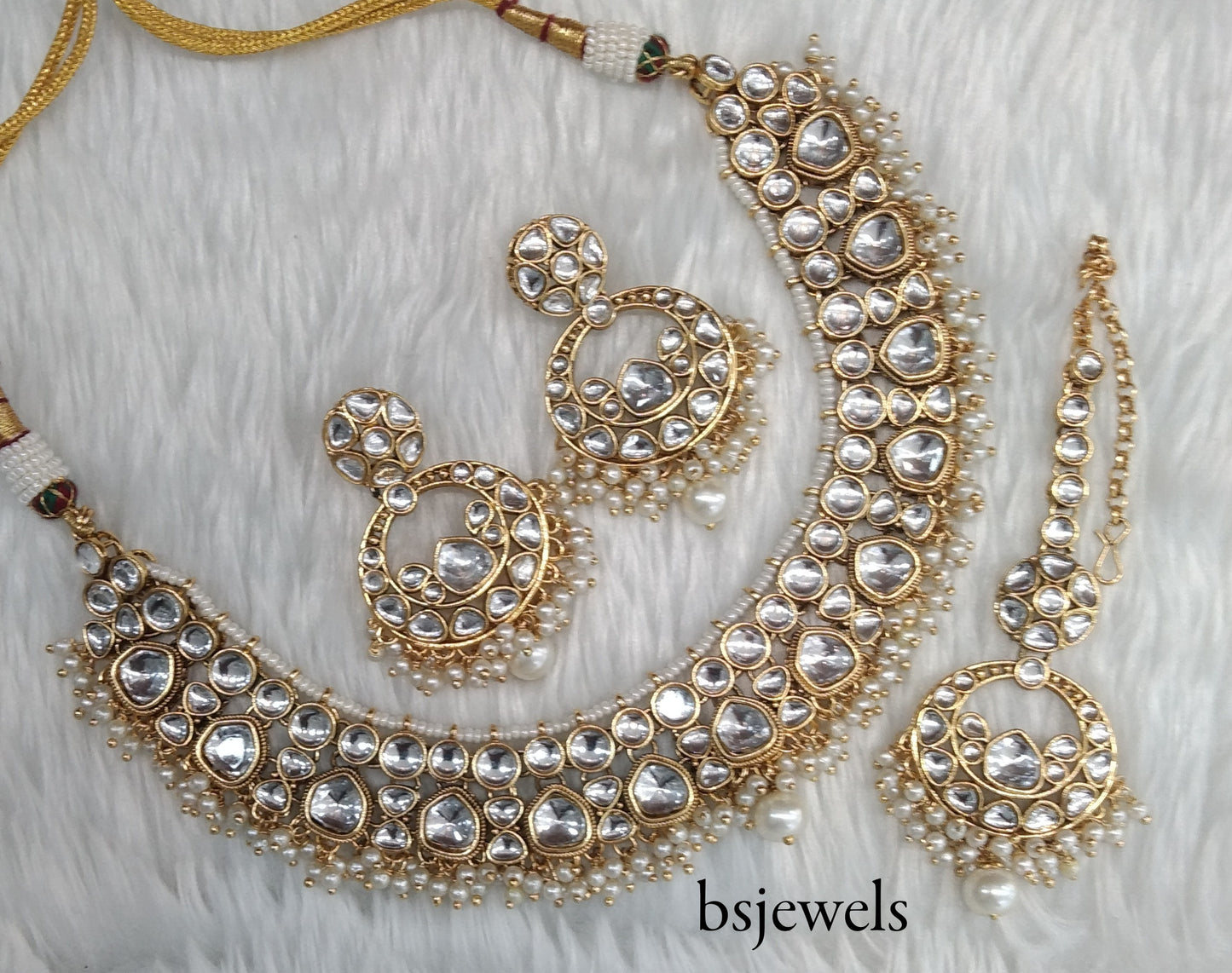 Gold white Kundan Necklace Jewellery Jinder Set